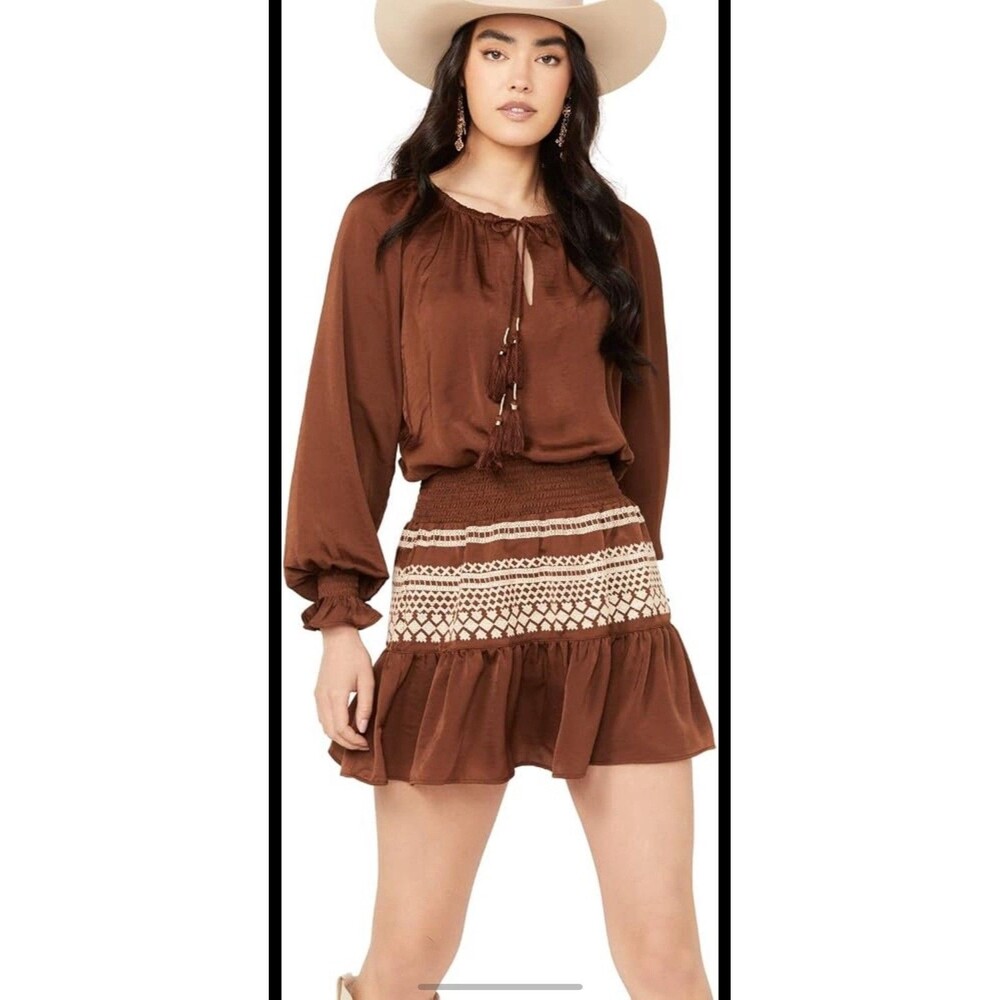 Shyanne Brown Western Embroidered Smocked Mini Dress Long Sleeve Tassels Size M